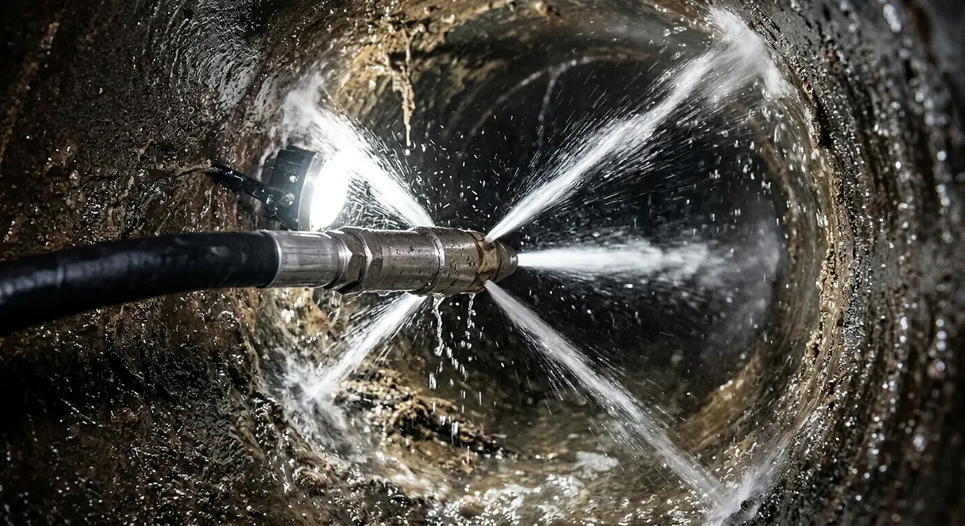 High-pressure hydro jetting nozzle cleaning sewer pipe for Trenchless Sewer Repair in Clinton