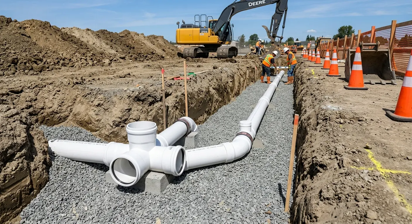 New PVC sewer pipe installation in open trench for Sewer Backup in Clinton