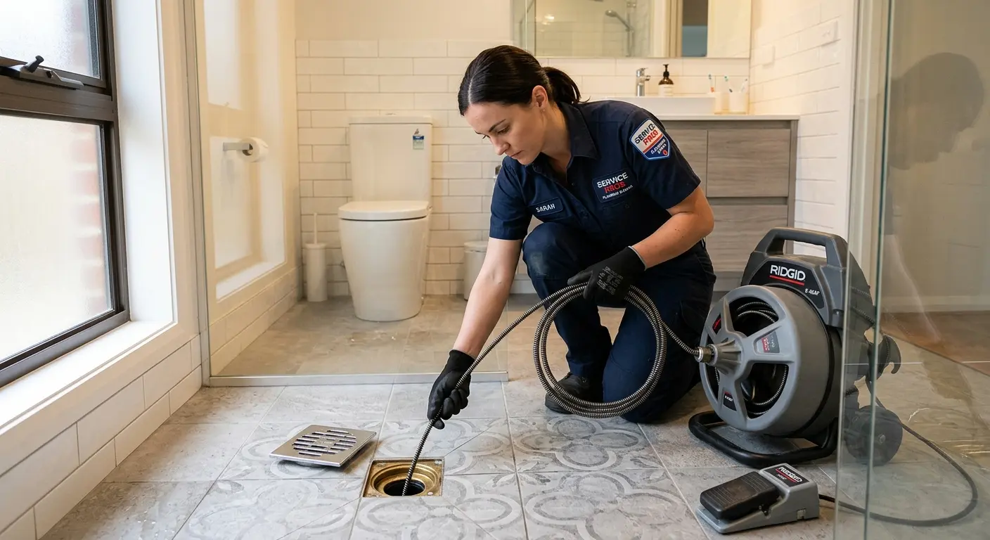 Technician clearing a bathroom floor drain for Drain Cleaning in Clinton